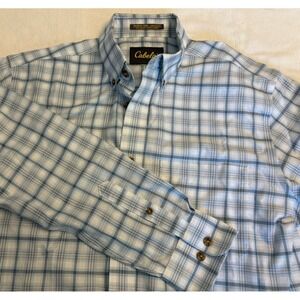 Cabelas‎ Shirt Mens Lg Blue Plaid Button Down Long Sleeve Cotton 45" Pit To Pit